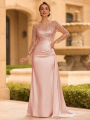 Sophisticated Sheath Scoop Long Sleeves Sequin Floor Length Silk Like Satin Mother of the Bride Dress