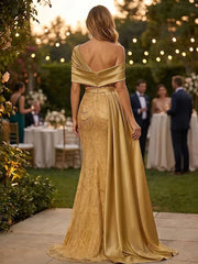 Grace giving Sheath Off the Shoulder Beading Floor Length Silk like Satin Corset Mother of the Bride Dress