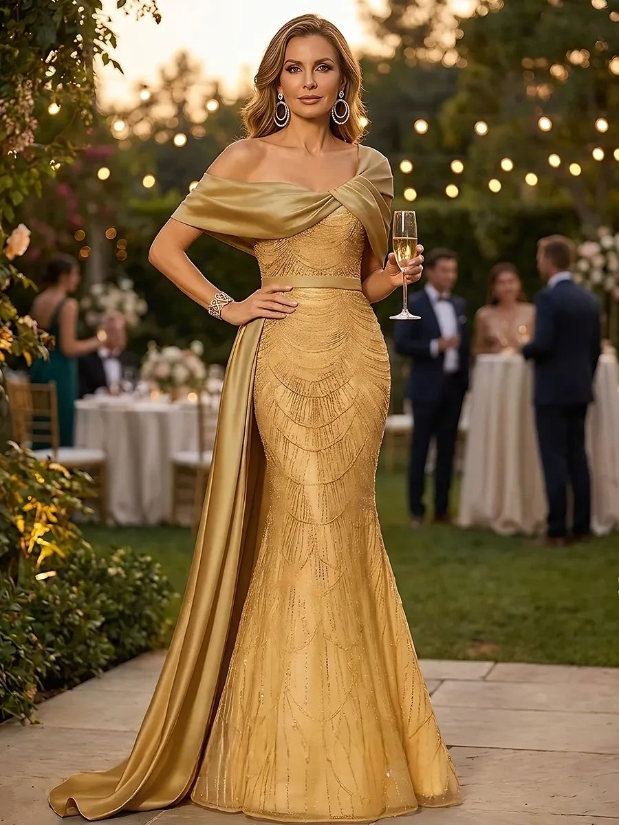 Grace giving Sheath Off the Shoulder Beading Floor Length Silk like Satin Corset Mother of the Bride Dress