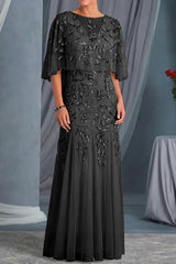 Elegant Sheath Scoop Neck Appliques Lace Floor Length Tulle Mother of the Bride Dress