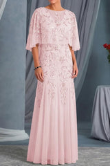 Elegant Sheath Scoop Neck Appliques Lace Floor Length Tulle Mother of the Bride Dress