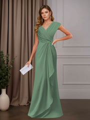 A Line Mother of the Bride Dress V Neck Sleeveless Floor Length with Sequins and Ruffle Appliques