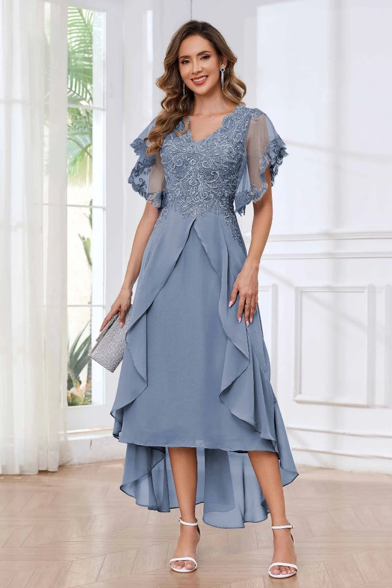 Modern V Neck Appliques Ruffles Chiffon High Low Mother Of The Bride Dresses
