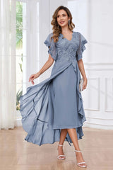 Modern V Neck Appliques Ruffles Chiffon High Low Mother Of The Bride Dresses