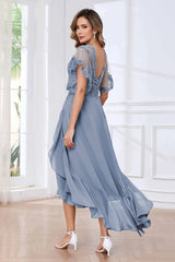 Modern V Neck Appliques Ruffles Chiffon High Low Mother Of The Bride Dresses