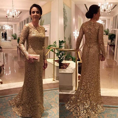 Elegant Gold Lace Long Zipper Sleeve Mother Of The Bride Dress Babyonlines 