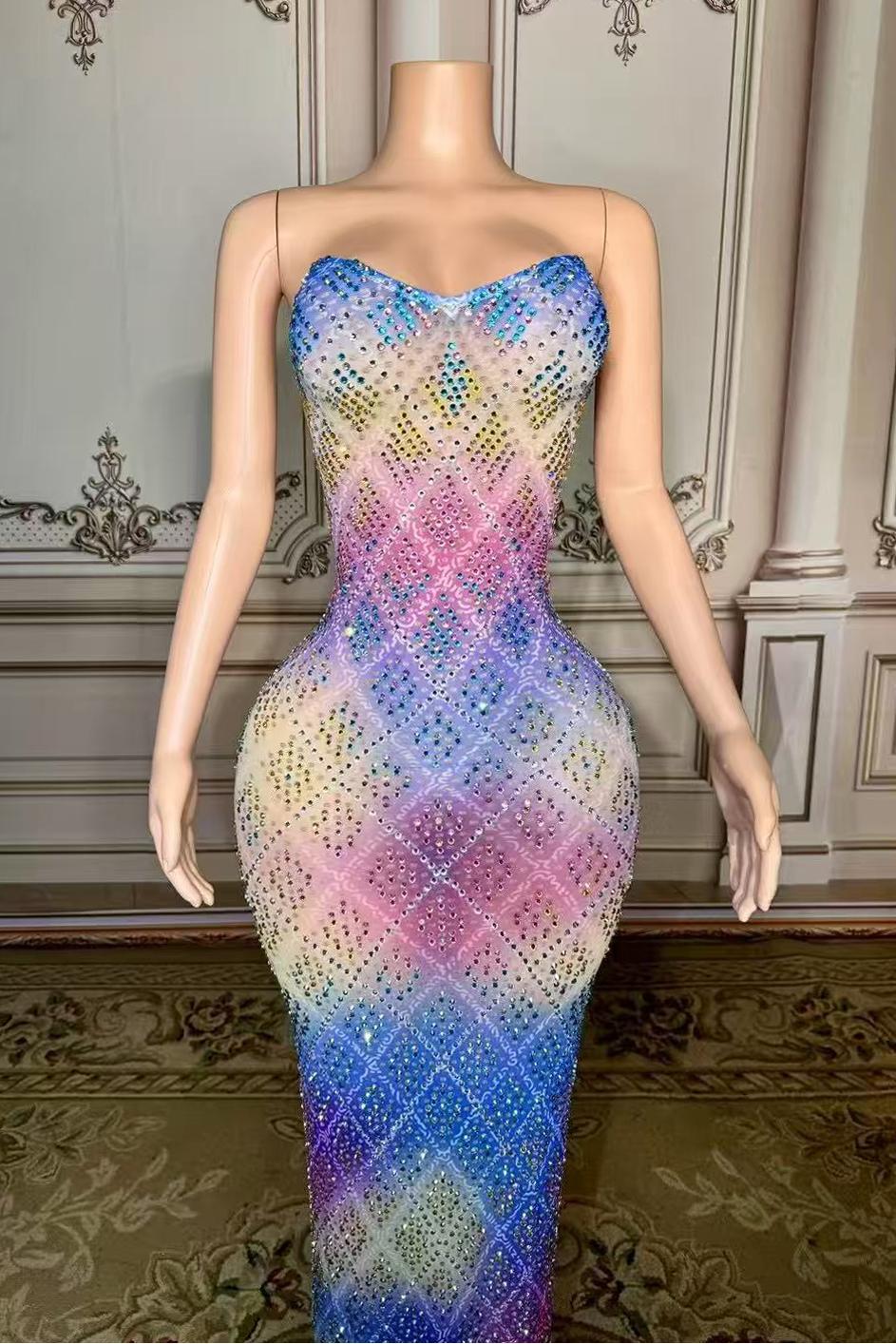 Gradient Strapless Diamond Straight Open Back Prom Dress -babyonlines
