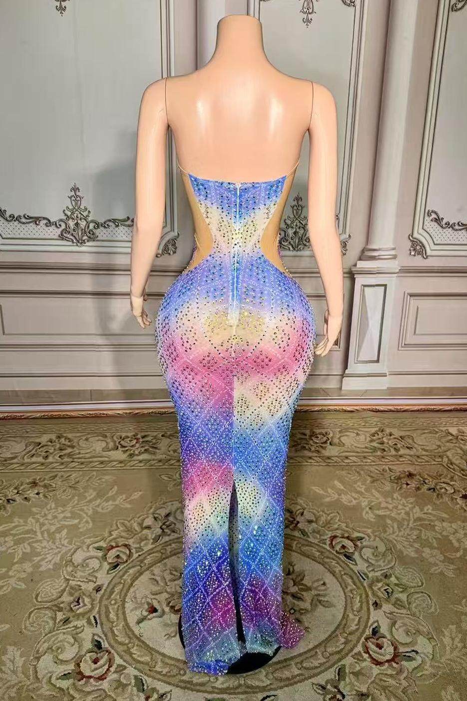 Gradient Strapless Diamond Straight Open Back Prom Dress -babyonlines