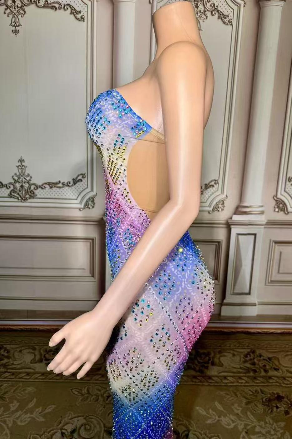 Gradient Strapless Diamond Straight Open Back Prom Dress -babyonlines