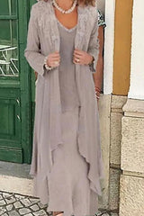 Gray Chiffon Long Mother Of The Bride Dress with Jacket Babyonlines 