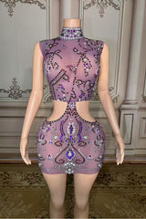 High Neck Purple Tulle Mini Prom Dress with Beads and Rhinestones