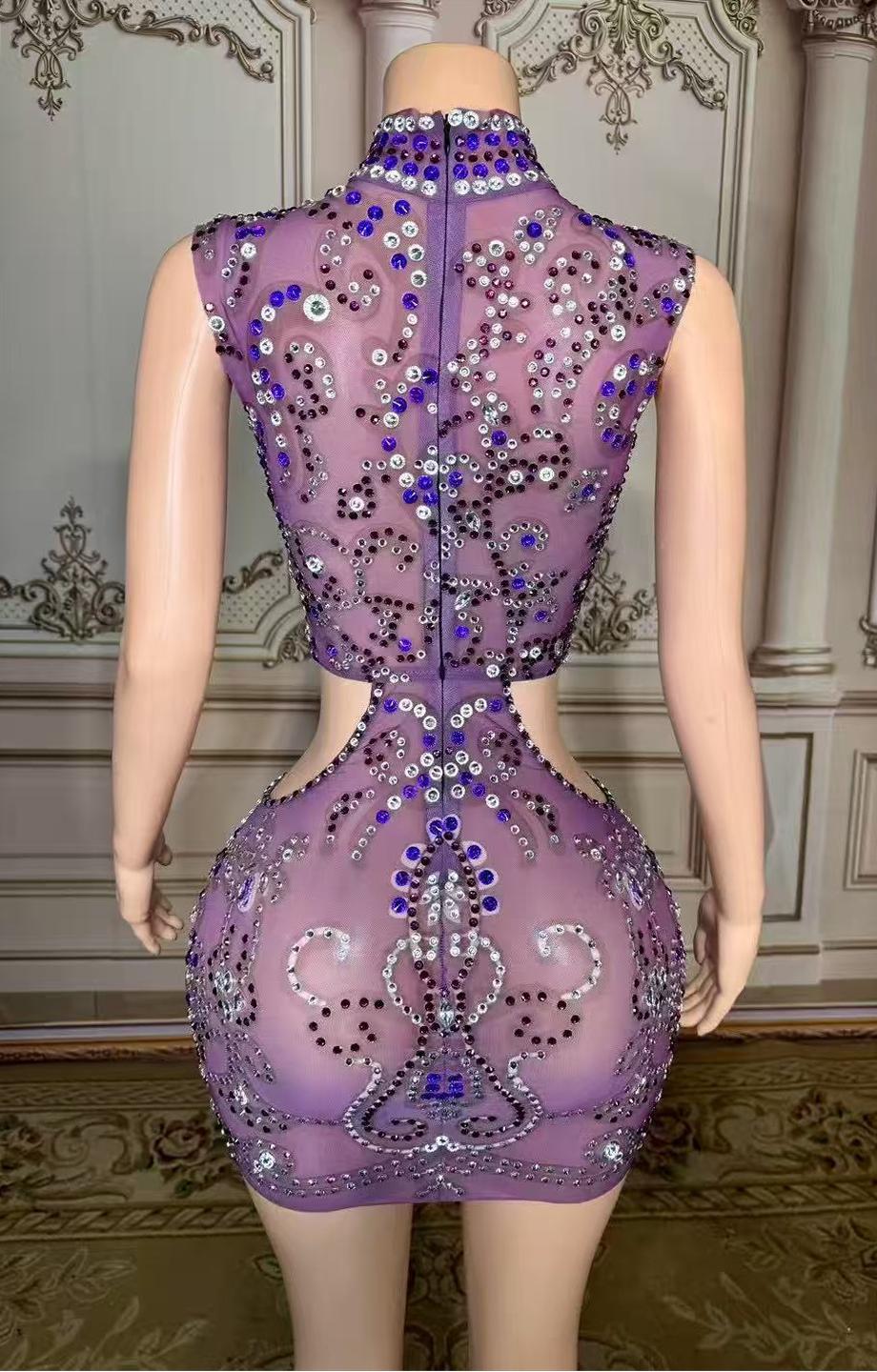 High Neck Purple Tulle Mini Prom Dress with Beads and Rhinestones