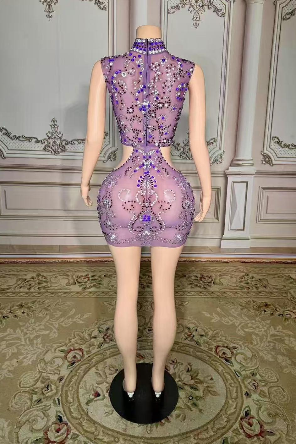 High Neck Purple Tulle Mini Prom Dress with Beads and Rhinestones