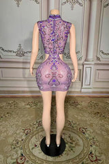 High Neck Purple Tulle Mini Prom Dress with Beads and Rhinestones