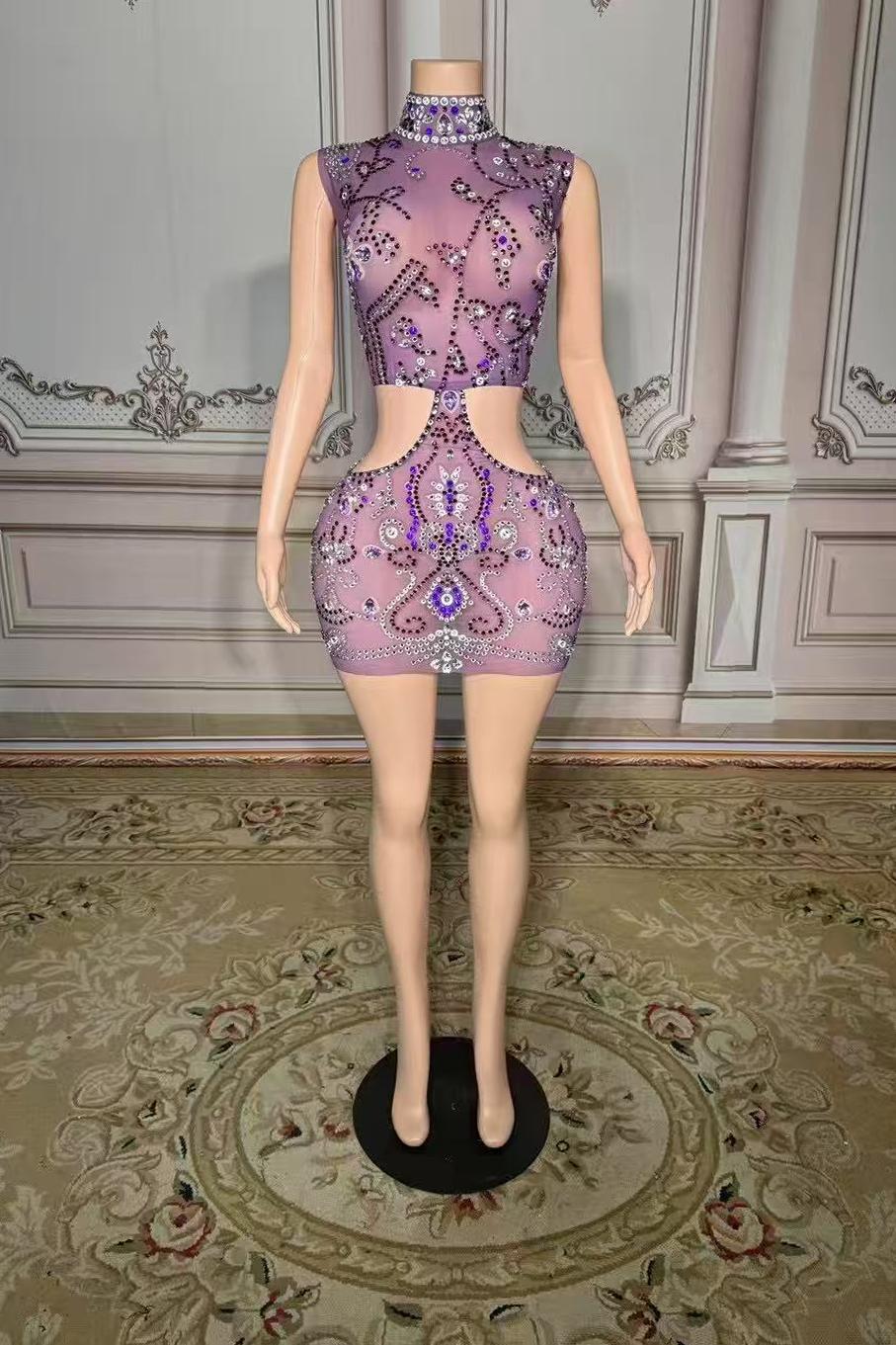 High Neck Purple Tulle Mini Prom Dress with Beads and Rhinestones
