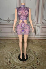 High Neck Purple Tulle Mini Prom Dress with Beads and Rhinestones