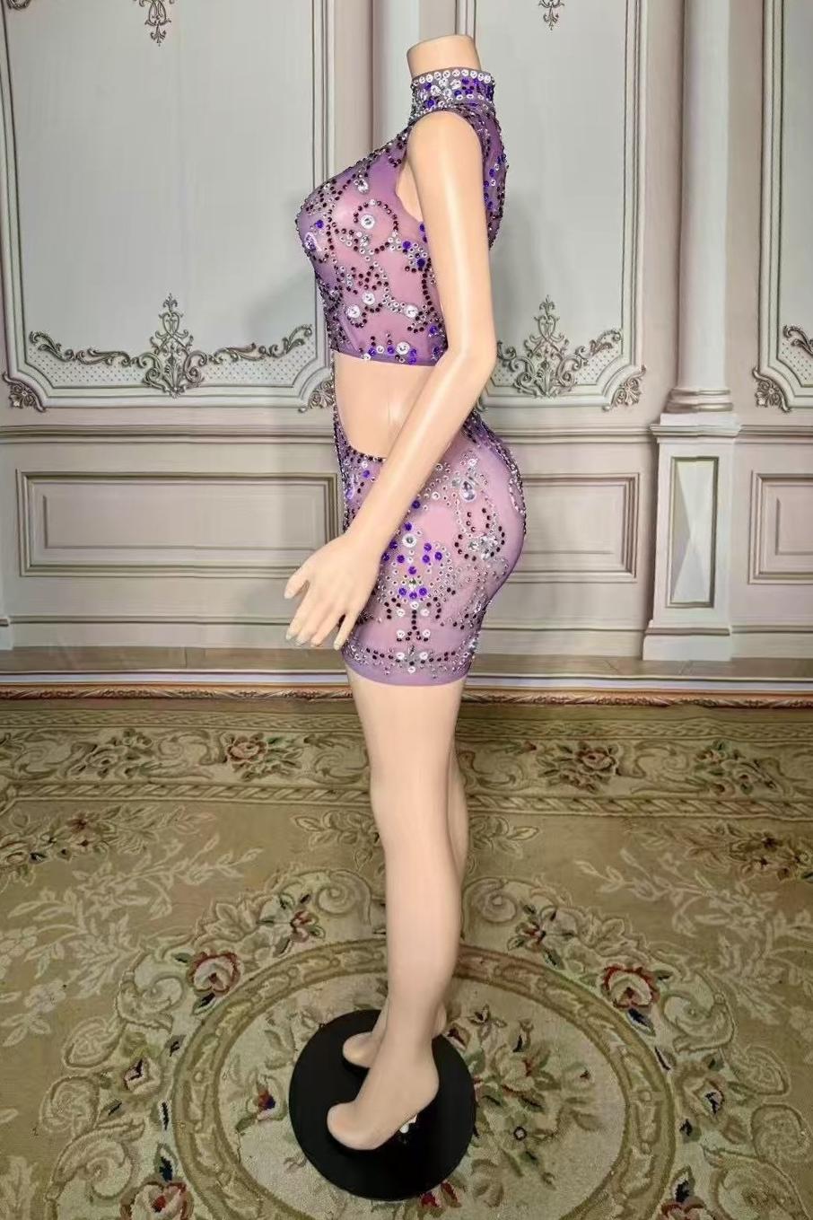 High Neck Purple Tulle Mini Prom Dress with Beads and Rhinestones