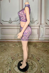 High Neck Purple Tulle Mini Prom Dress with Beads and Rhinestones