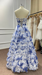 Blue Silk Chiffon Strapless Corest Floral Prom Dress