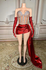 Lace Up Back Mini Dropped Red Prom Dress with Rhinestones and Lace-babyonlines