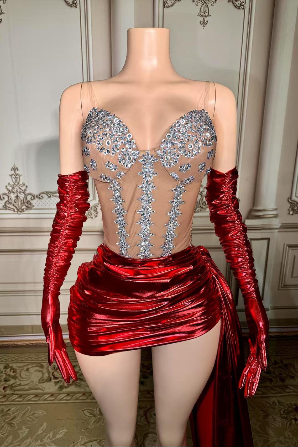 Lace Up Back Mini Dropped Red Prom Dress with Rhinestones and Lace-babyonlines