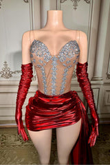 Lace Up Back Mini Dropped Red Prom Dress with Rhinestones and Lace-babyonlines