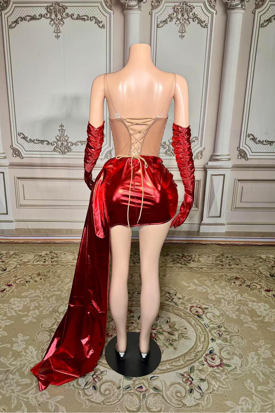 Lace Up Back Mini Dropped Red Prom Dress with Rhinestones and Lace-babyonlines