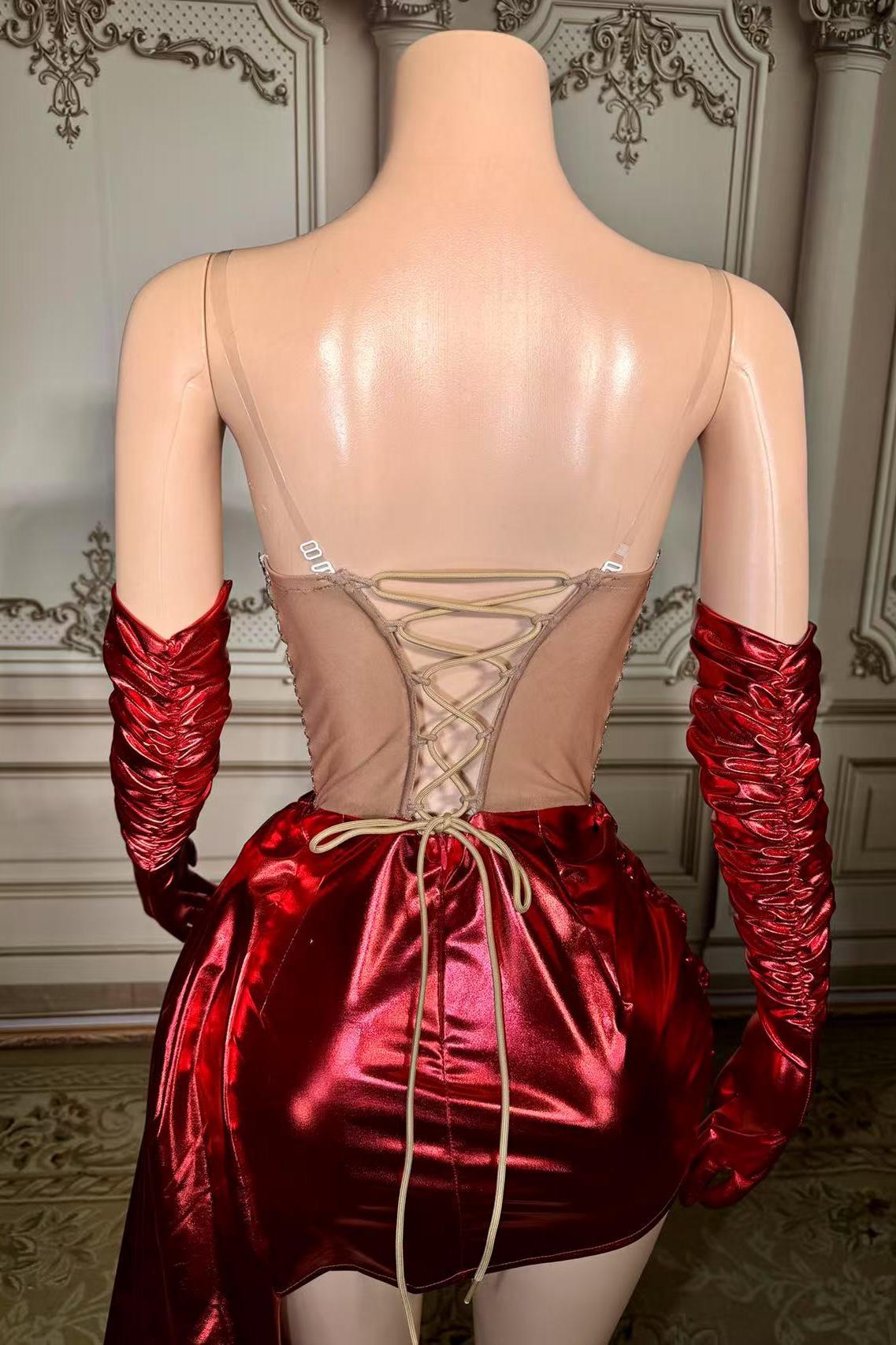 Lace Up Back Mini Dropped Red Prom Dress with Rhinestones and Lace-babyonlines
