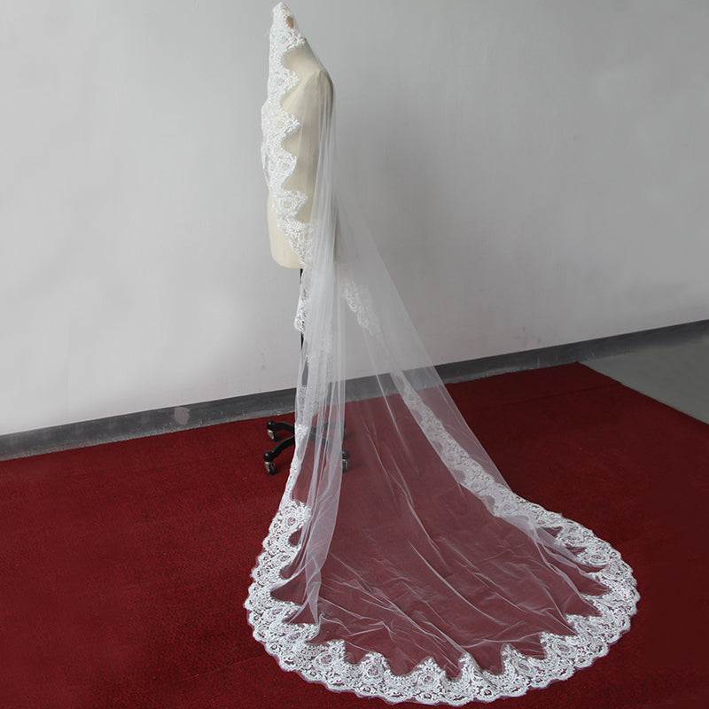 Lace Edge One Tier Tulle Cathedral Length Wedding Veil with Blusher