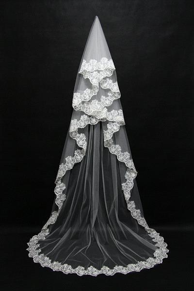 Lace Edge One Tier Tulle Long Wedding Veil with Blusher