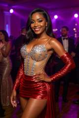Lace Up Back Mini Dropped Red Prom Dress with Rhinestones and Lace