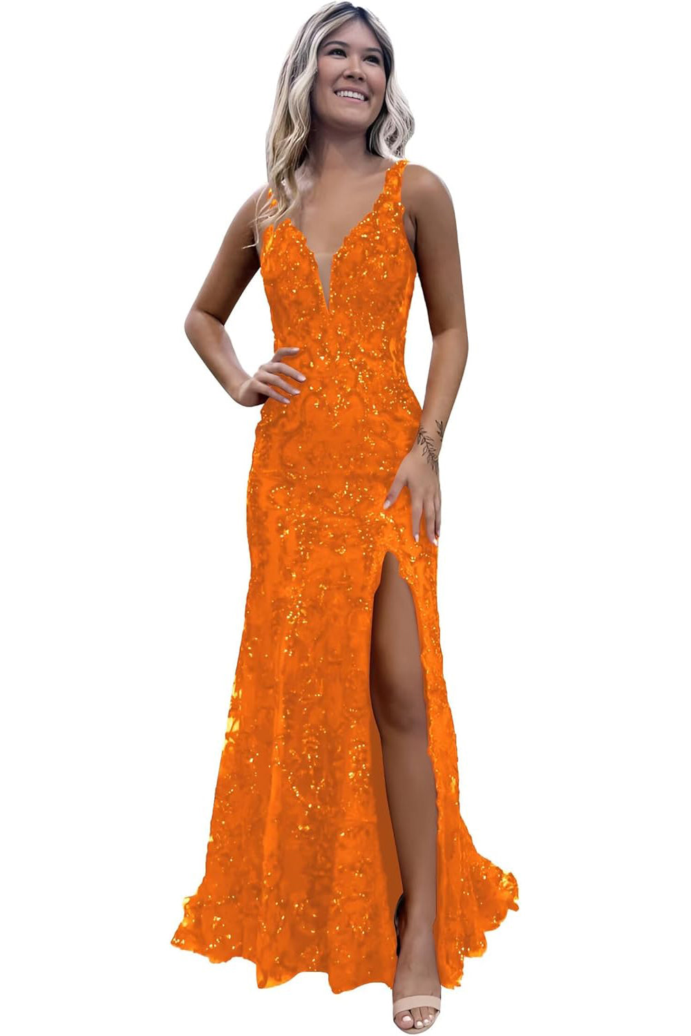 V-neck Backless Sequin Mermaid Long Prom Dress with Slit