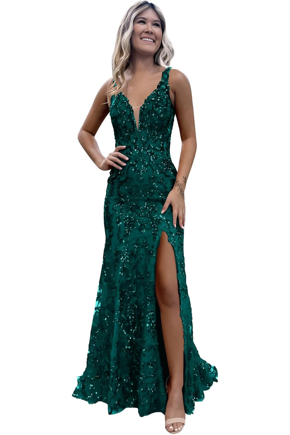 V-neck Backless Sequin Mermaid Long Prom Dress with Slit