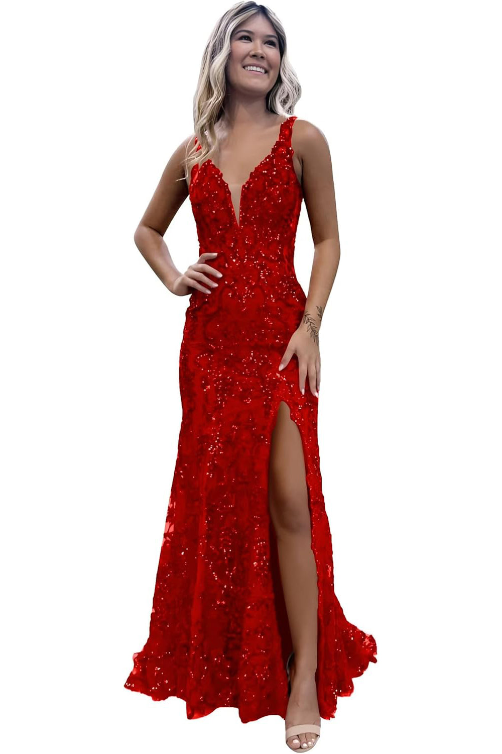 V-neck Backless Sequin Mermaid Long Prom Dress with Slit