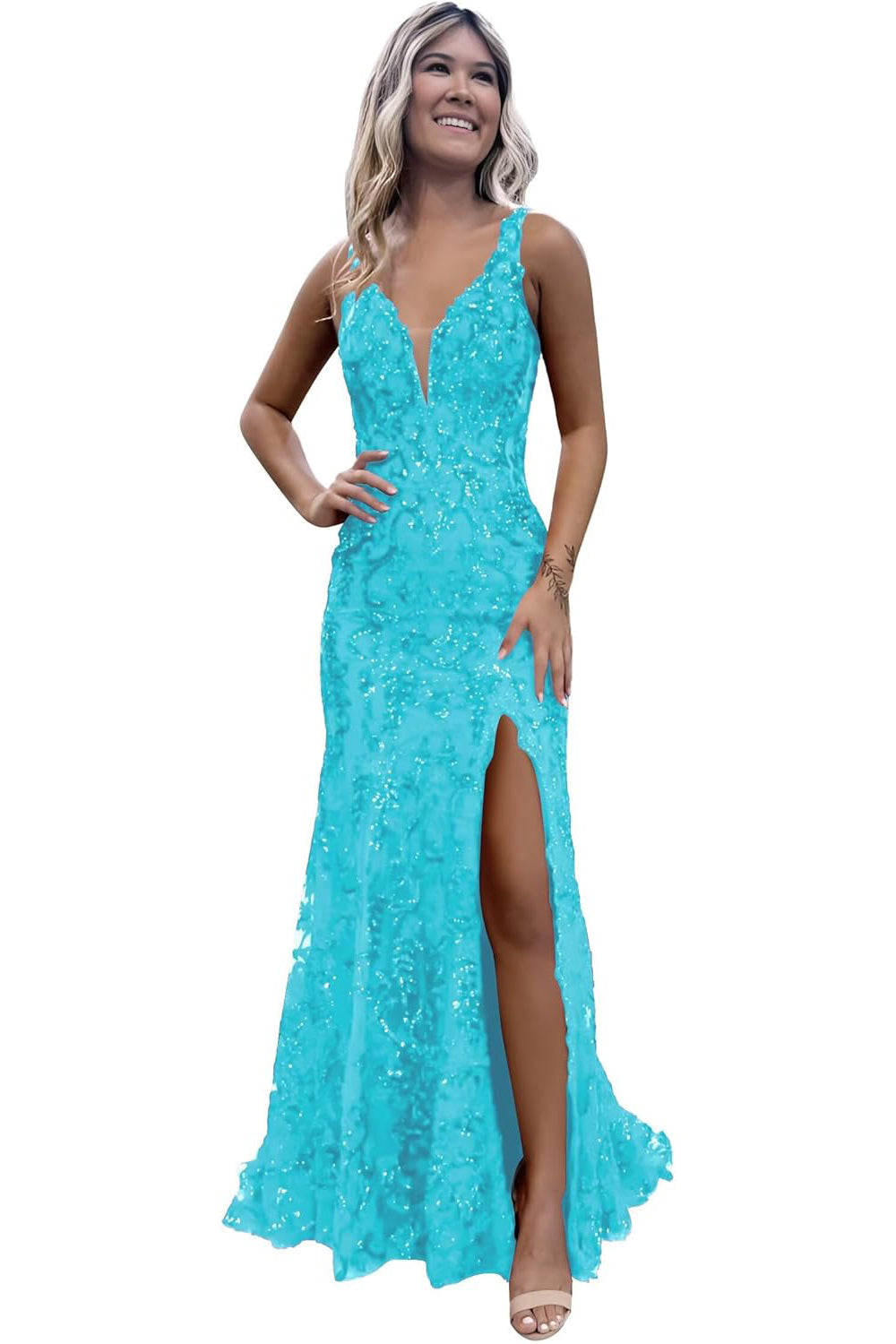 V-neck Backless Sequin Mermaid Long Prom Dress with Slit