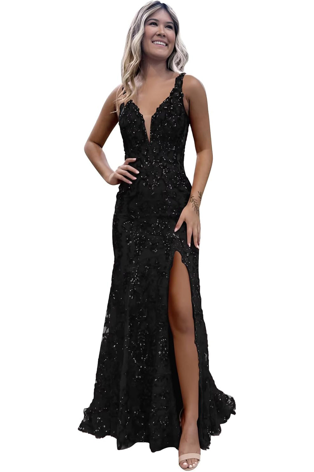 V-neck Backless Sequin Mermaid Long Prom Dress with Slit
