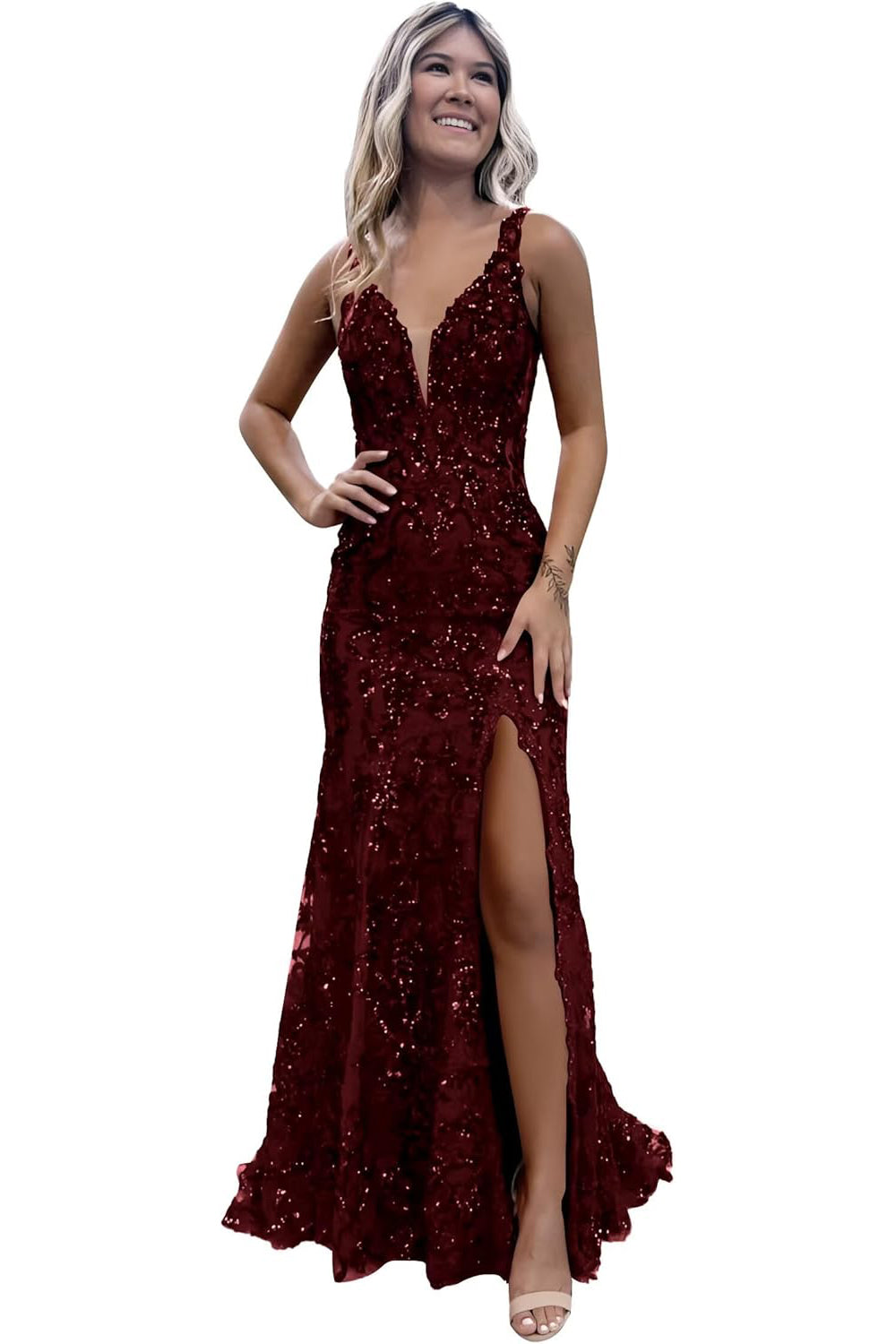 V-neck Backless Sequin Mermaid Long Prom Dress with Slit