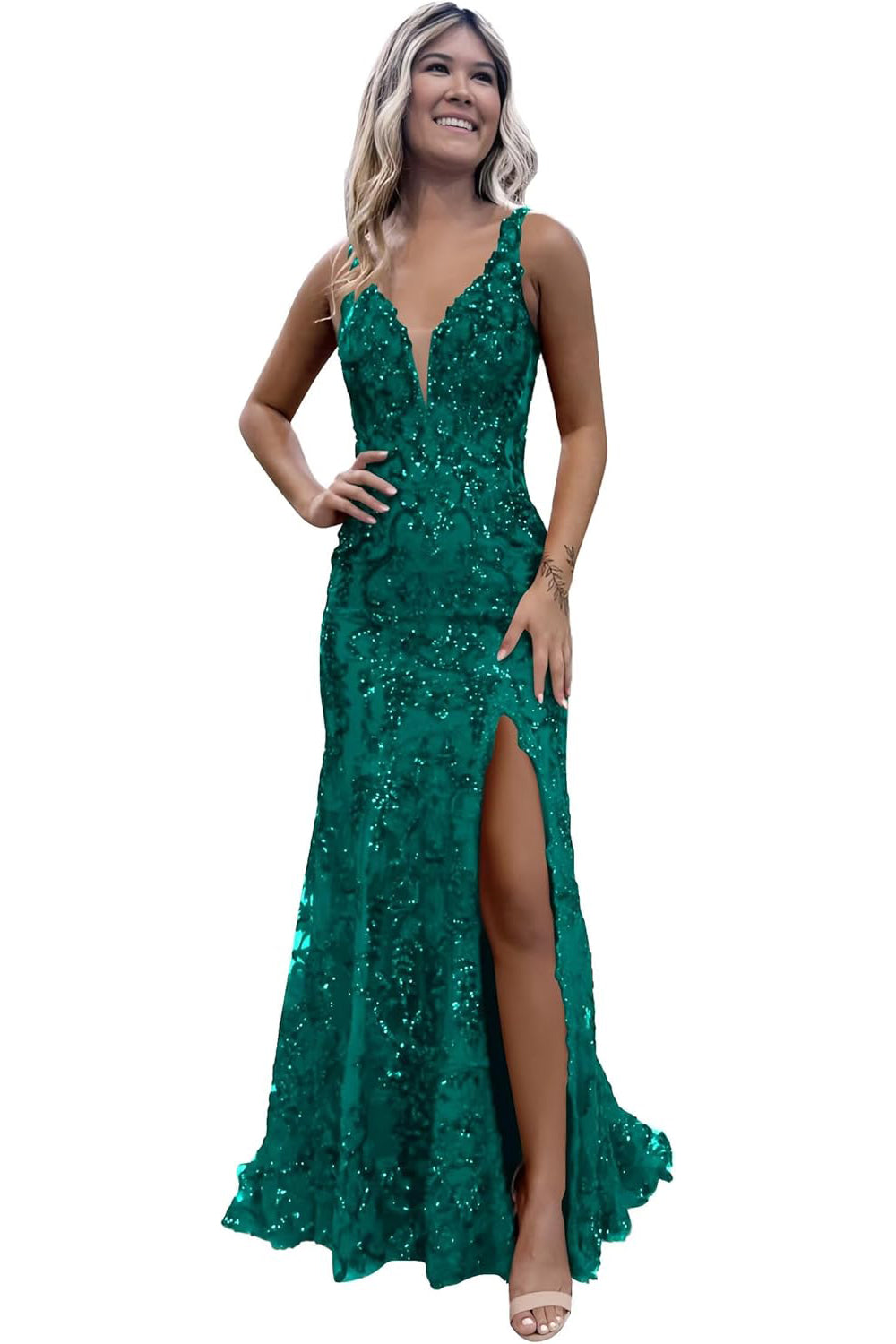 V-neck Backless Sequin Mermaid Long Prom Dress with Slit