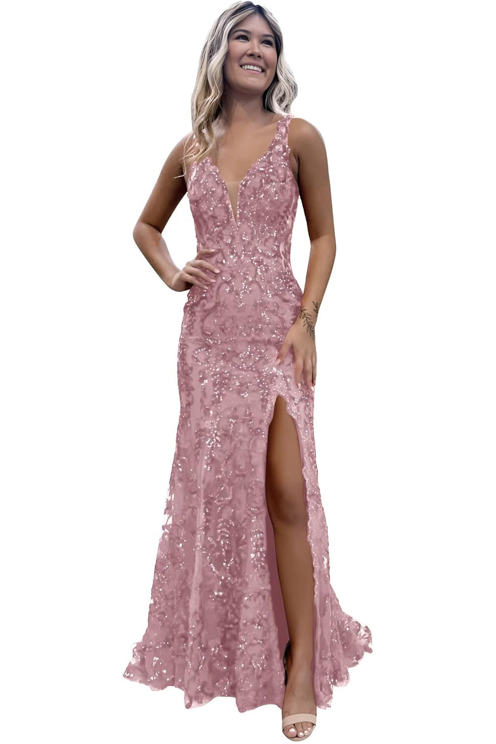 V-neck Backless Sequin Mermaid Long Prom Dress with Slit