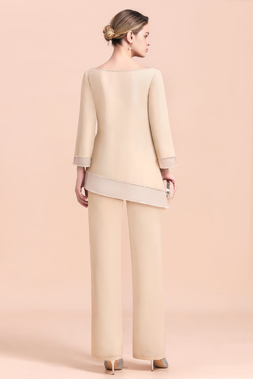 Long Sleeve Champagne Chiffon Mother Of The Bride Jumpsuit Babyonlines 