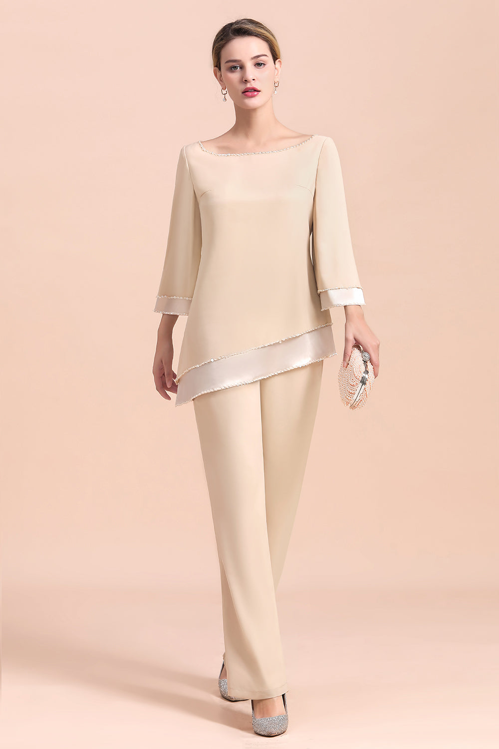 Long Sleeve Champagne Chiffon Mother Of The Bride Jumpsuit Babyonlines 