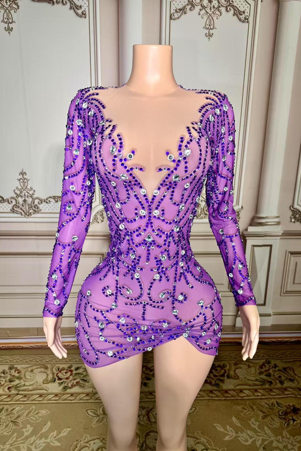 Long Sleeve Mermaid V-neck Tulle Mini Prom Dress with Rhinestones-babyonlines