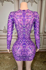 Long Sleeve Mermaid V-neck Tulle Mini Prom Dress with Rhinestones-babyonlines