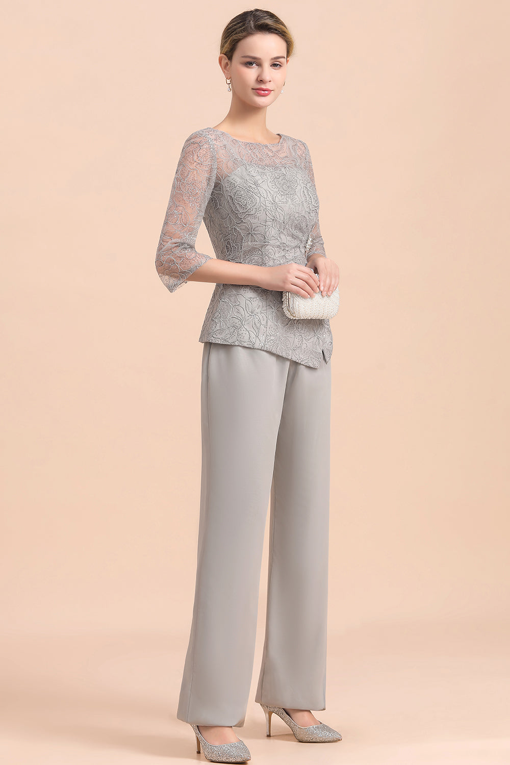 Long Sleeve Silver Crew Neck Mother Of The Bride Jumpsuit Babyonlines 