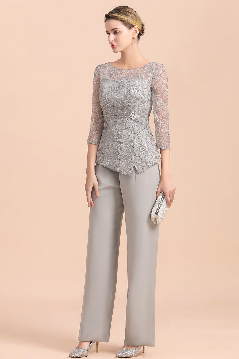 Long Sleeve Silver Crew Neck Mother Of The Bride Jumpsuit Babyonlines 
