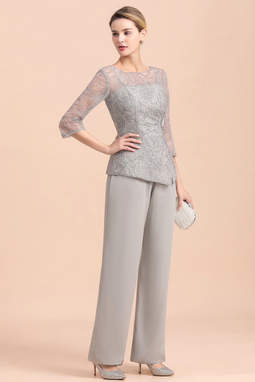 Long Sleeve Silver Crew Neck Mother Of The Bride Jumpsuit Babyonlines 