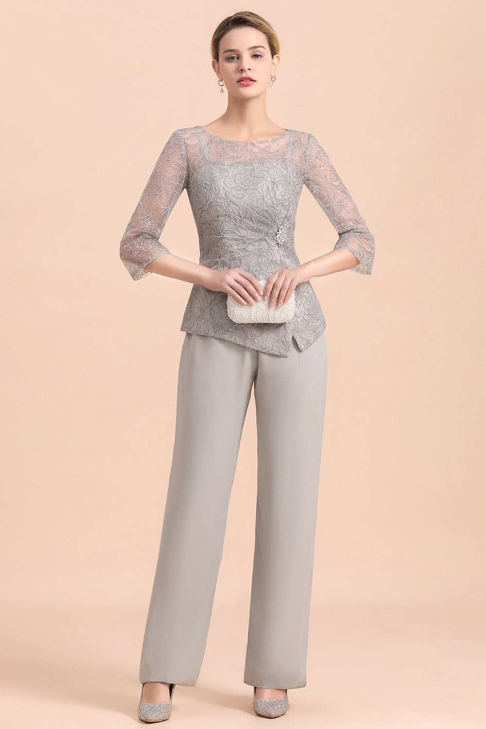 Long Sleeve Silver Crew Neck Mother Of The Bride Jumpsuit Babyonlines 
