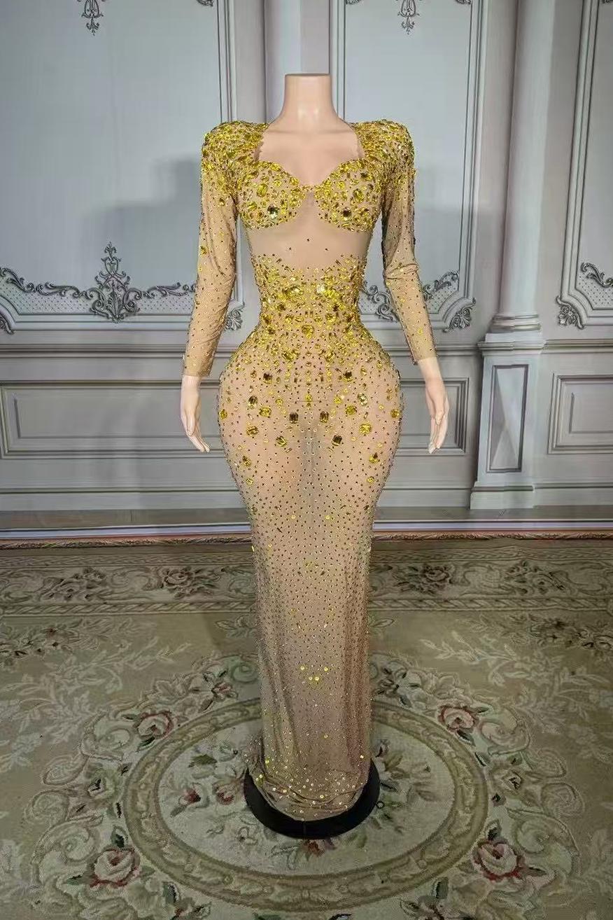 Long Sleeve Sweetheart Diamonds Floor-Length Prom Dress -babyonlines 