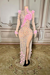 Long Sleeve Tulle Slit Prom Dress with Flower and Rhinestones-babyonlines 
