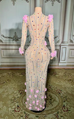 Long Sleeve Tulle Slit Prom Dress with Flower and Rhinestones-babyonlines 